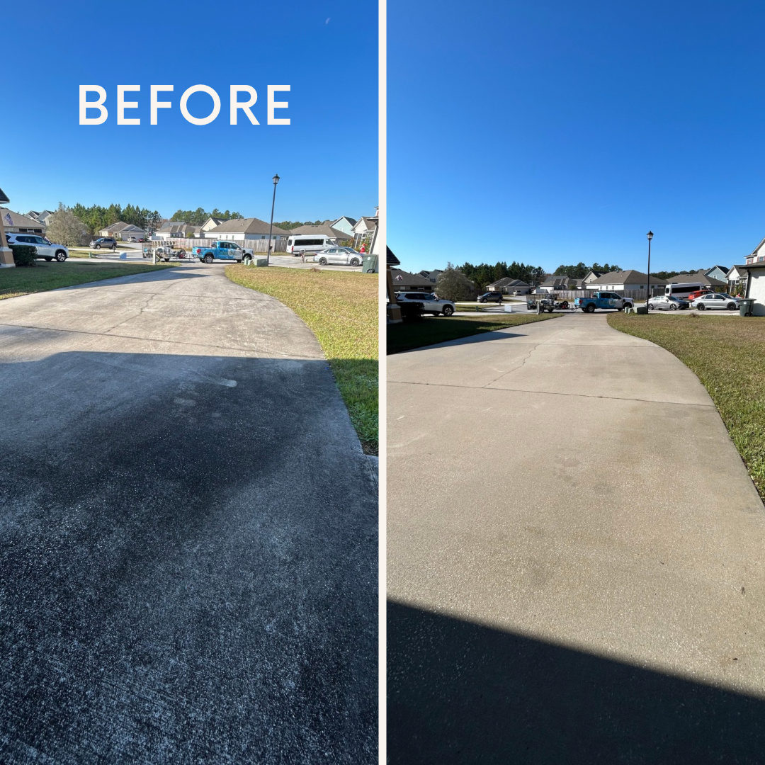 Before and after professional driveway pressure washing in Jacksonville Florida by State Line Pressure Washing