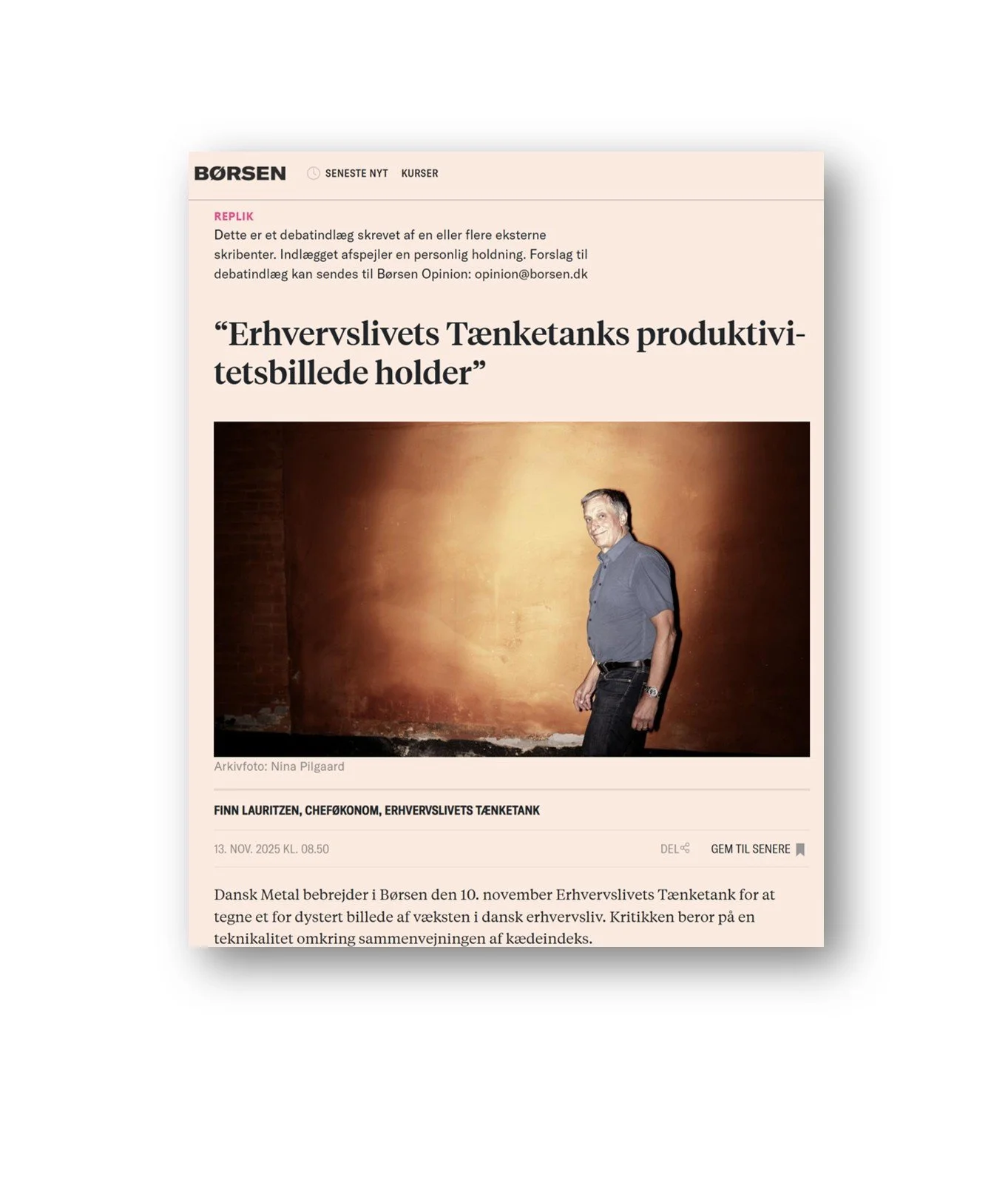 Børsen: “Erhvervs­li­vets Tænket­anks produk­ti­vi­tets­bil­lede holder”