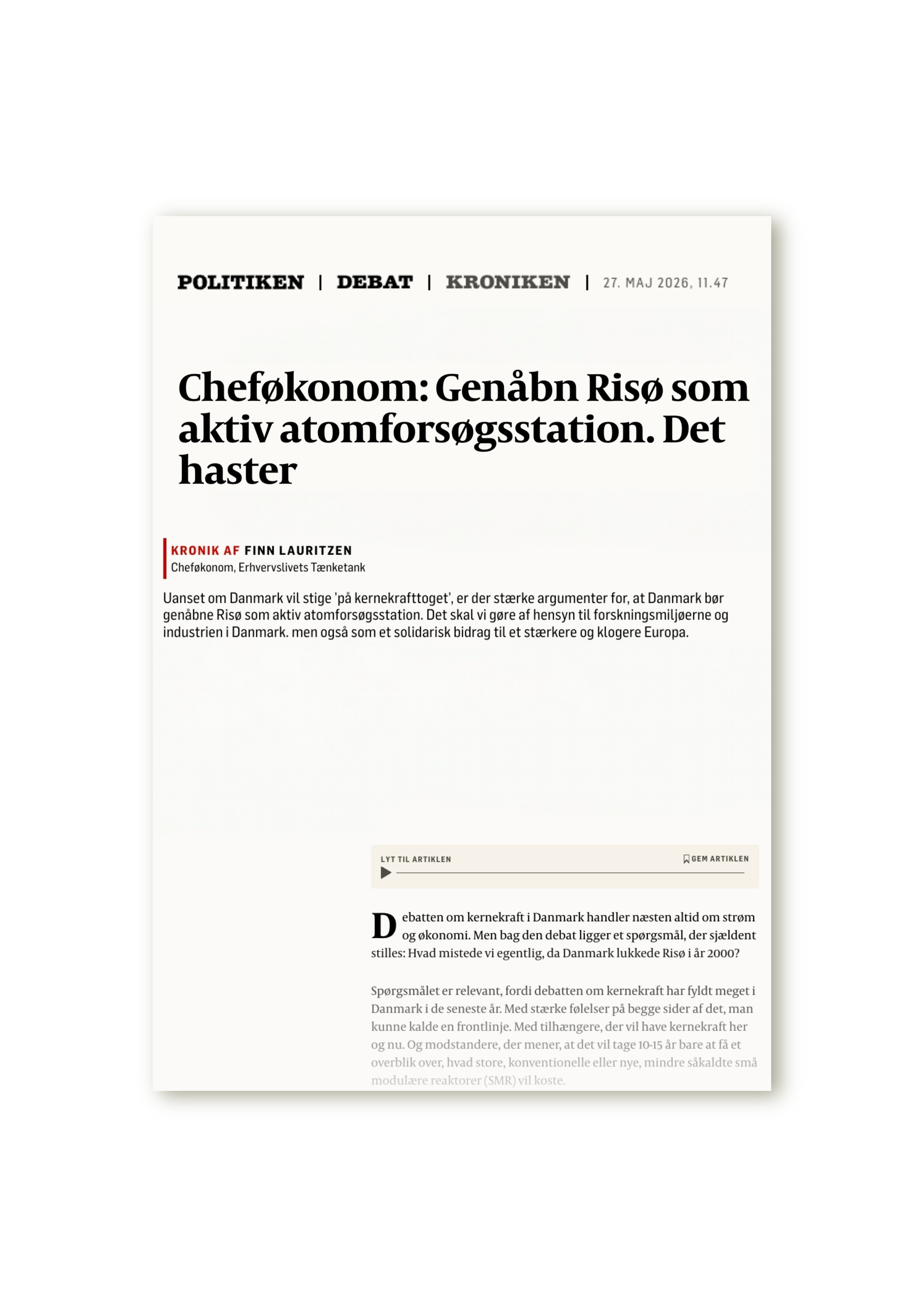 Cheføkonom: Genåbn Risø som aktiv atomforsøgsstation. Det haster