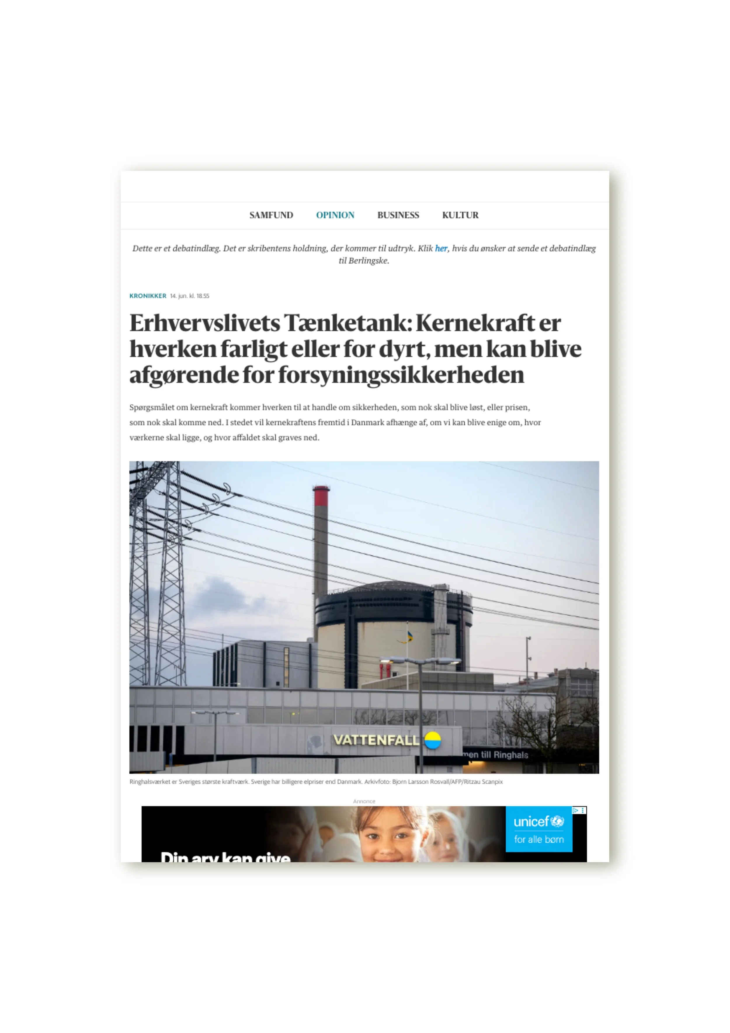 Erhvervslivets Tænketank: Kernekraft er hverken farligt eller for dyrt, men kan blive afgørende for forsyningssikkerheden