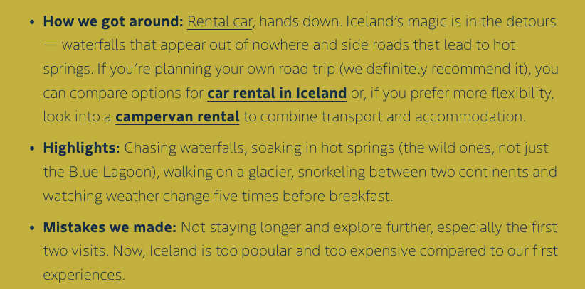 Screenshot of an article on Iceland with link placement