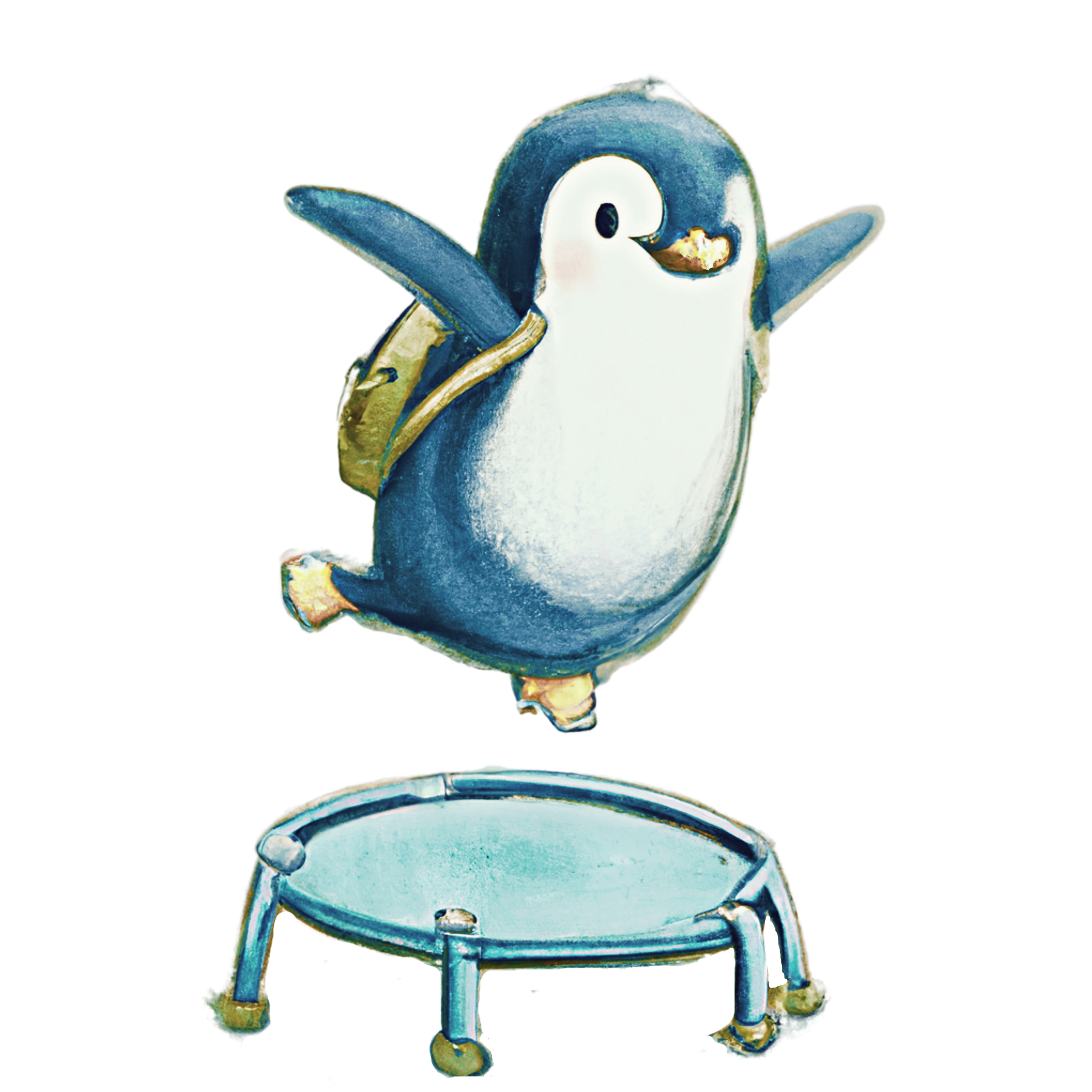 An animated penguin with a backpack jumping onto a small trampoline.