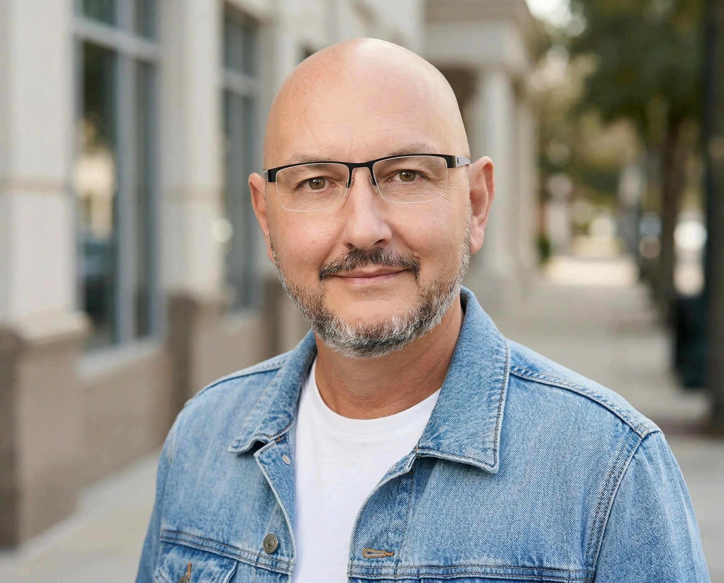 Middle-aged man with glasses and a short beard, smiling, wearing a denim jacket and a white t-shirt, outdoors with blurred trees and buildings in the background.