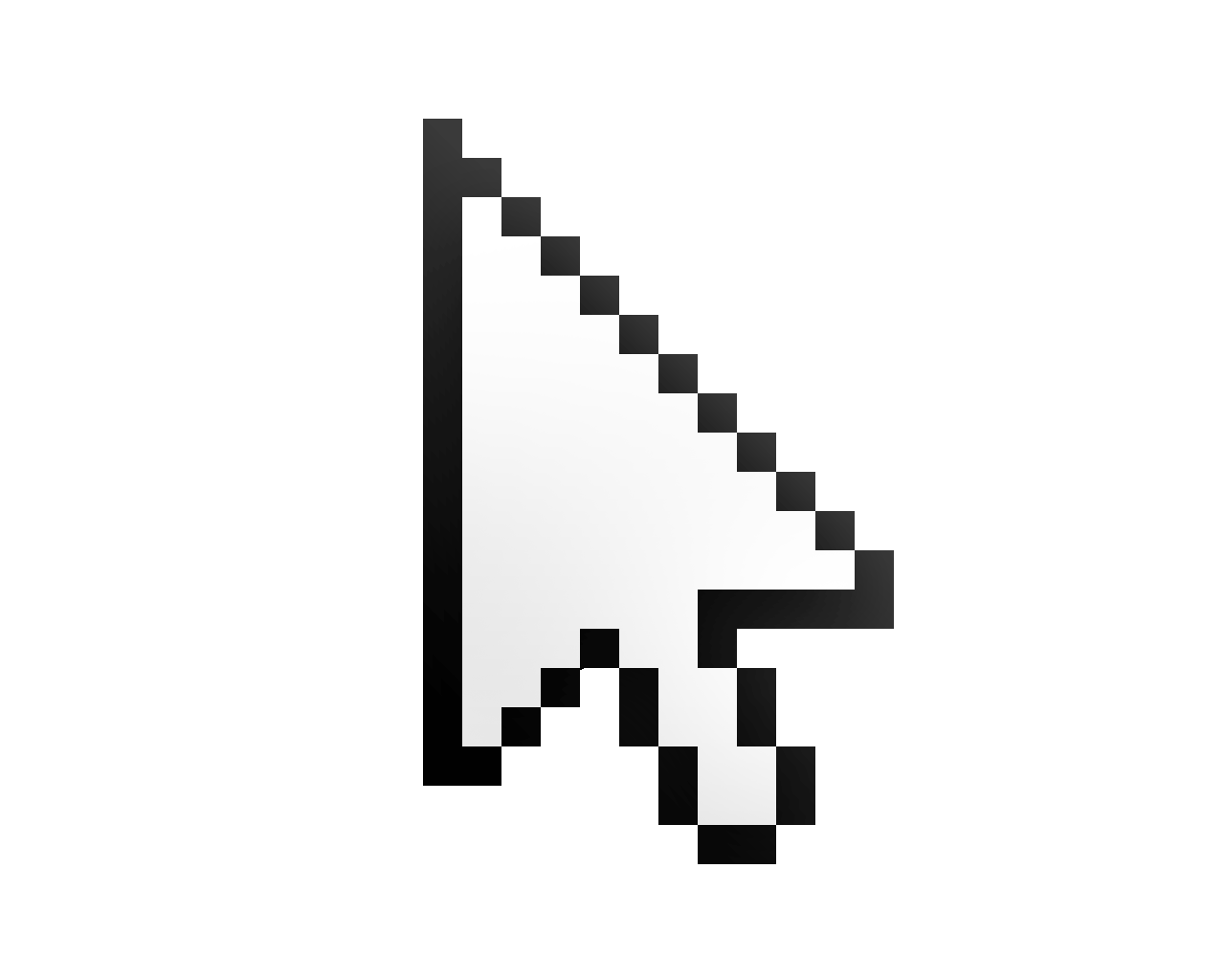Pixelated white computer cursor arrow on black background