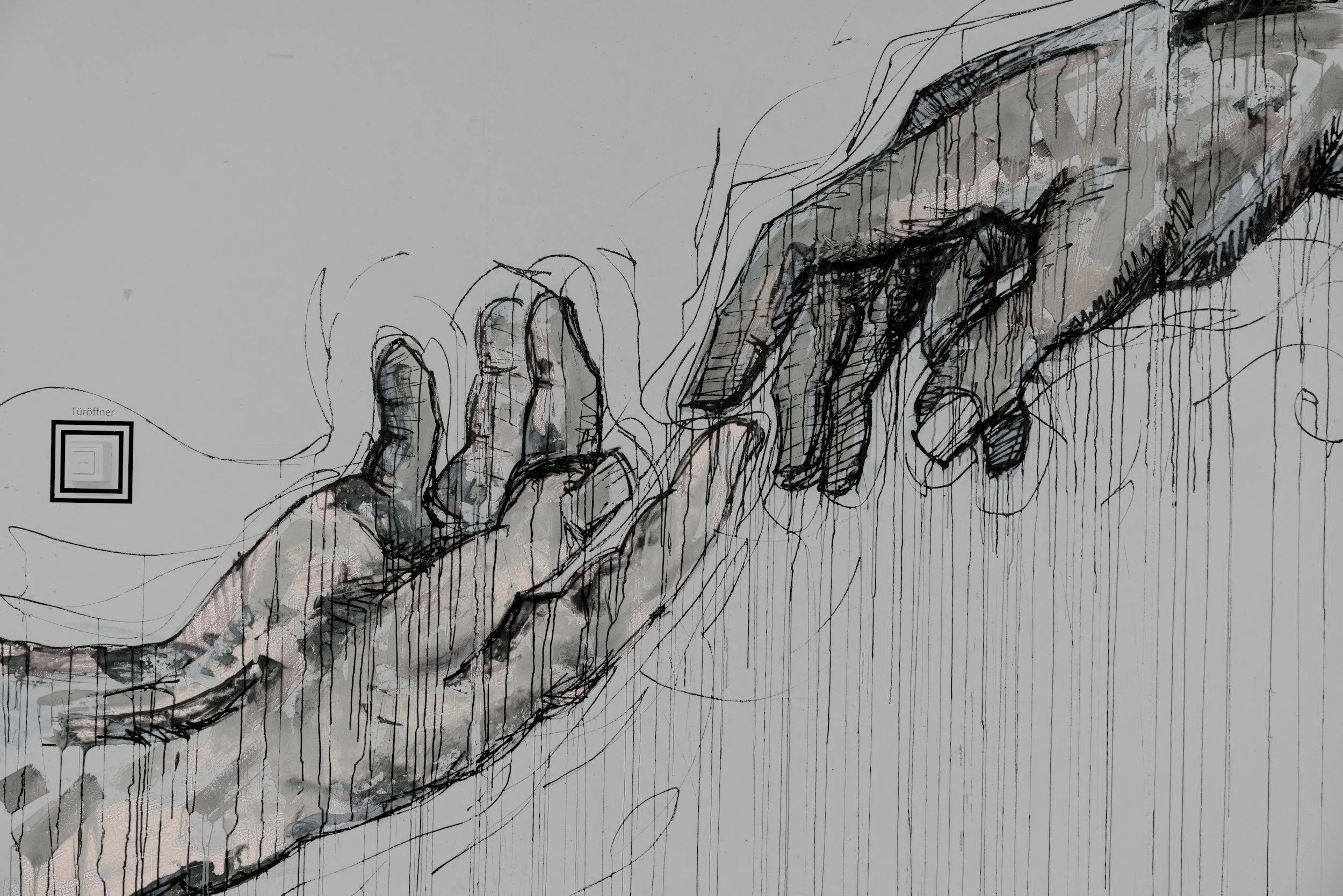 painting of two hands with index fingers touching