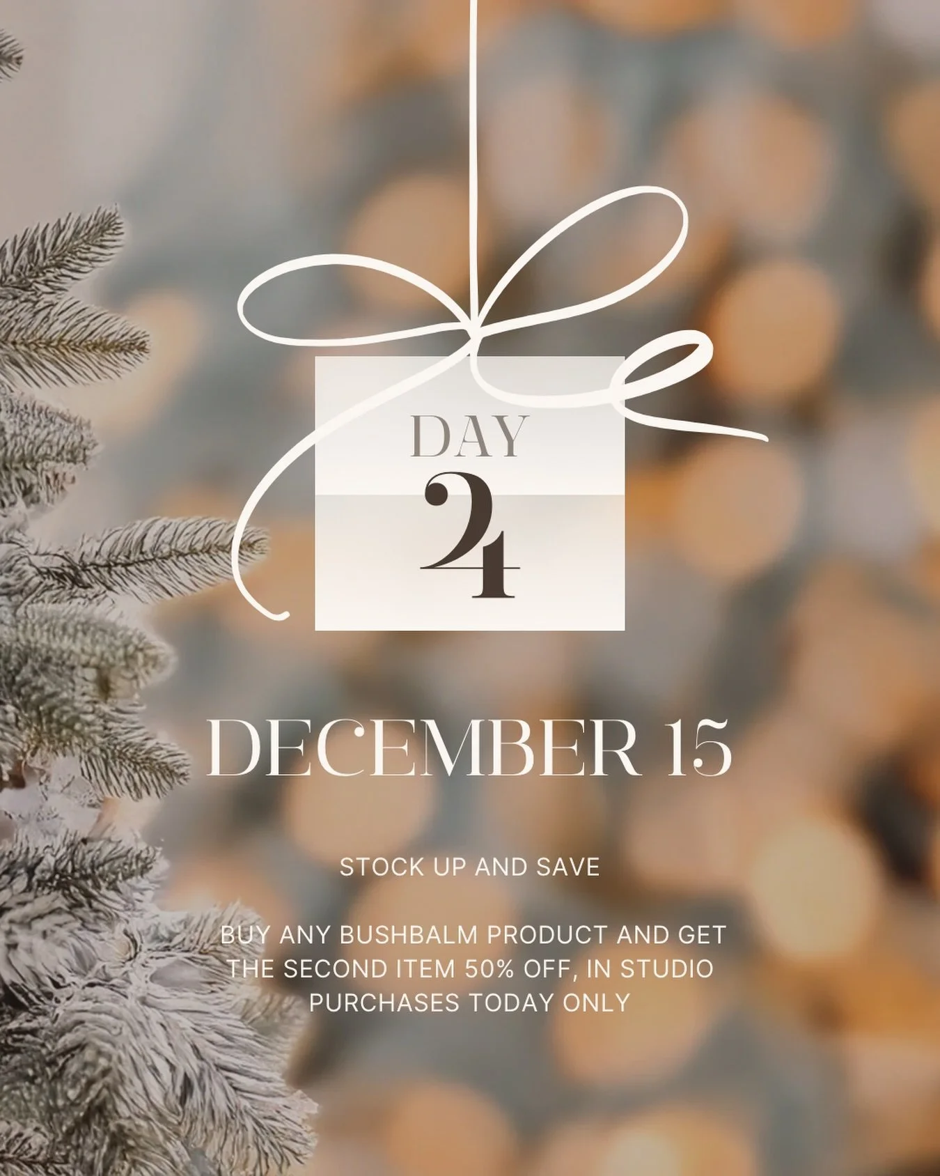STOCK UP + SAVE 🎁 🎄

Today only, by any bushbalm product, get the second 50% off!

In studio purchases only. Open 10&ndash;7 today (some last-minute availability to take advantage of our Monday promo with Christina today too!)