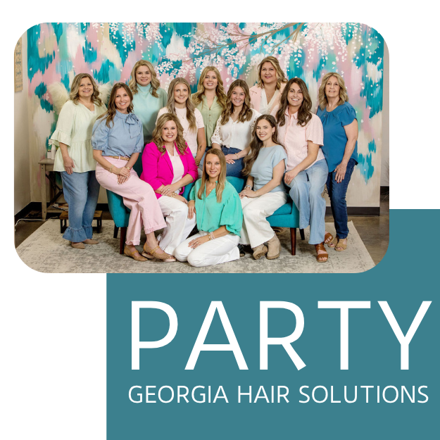 Group of women and girls posing at a party celebration with colorful floral background, some sitting and some standing, dressed in pastel and bright clothing. The image features a teal overlay with the text 'PARTY GEORGIA HAIR SOLUTIONS'.