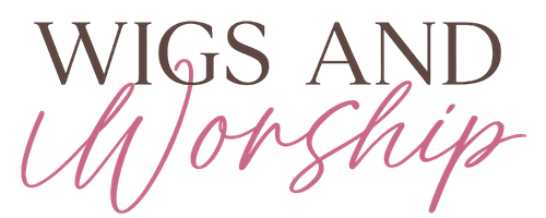 Text that reads "Wigs and Worship" with "Wigs and" in uppercase serif font and "Worship" in cursive pink font.
