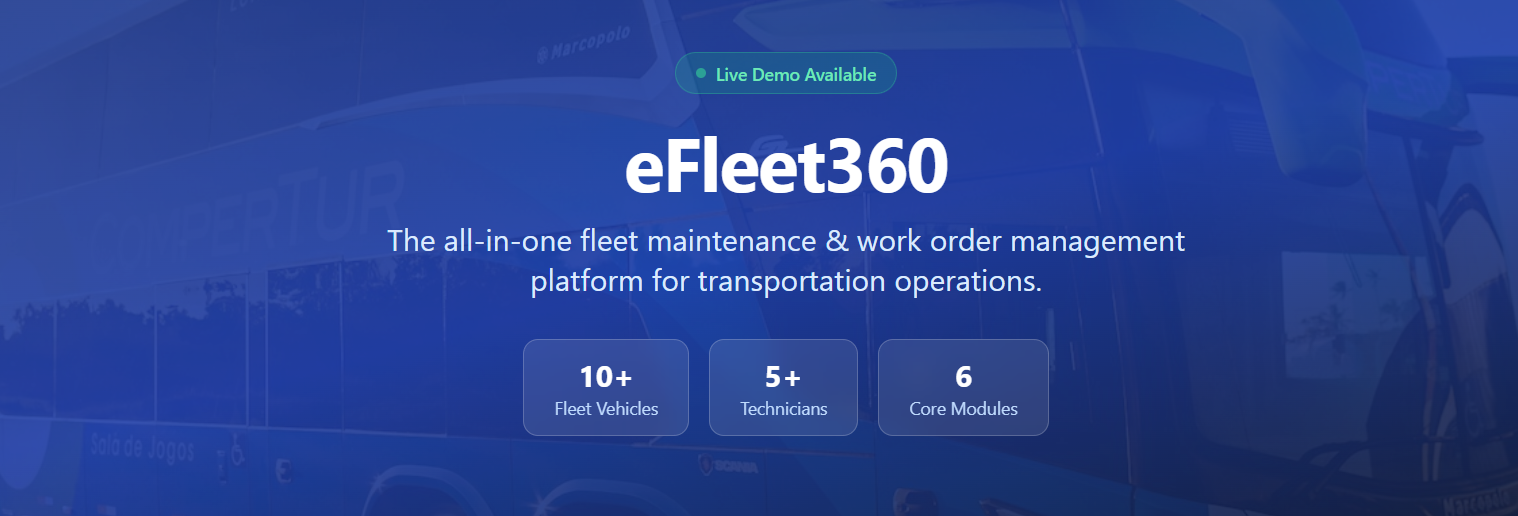 Screenshot of a website homepage for eFleet360, a fleet maintenance and work order management platform, featuring a blue background, a quote about live demo availability, and statistics about the fleet, technicians, and core modules.