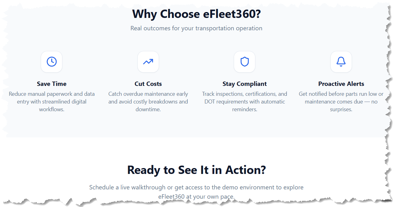 A webpage titled 'Why Choose eFleet360?' listing benefits such as Save Time, Cut Costs, Stay Compliant, and Proactive Alerts, with icons representing each benefit.