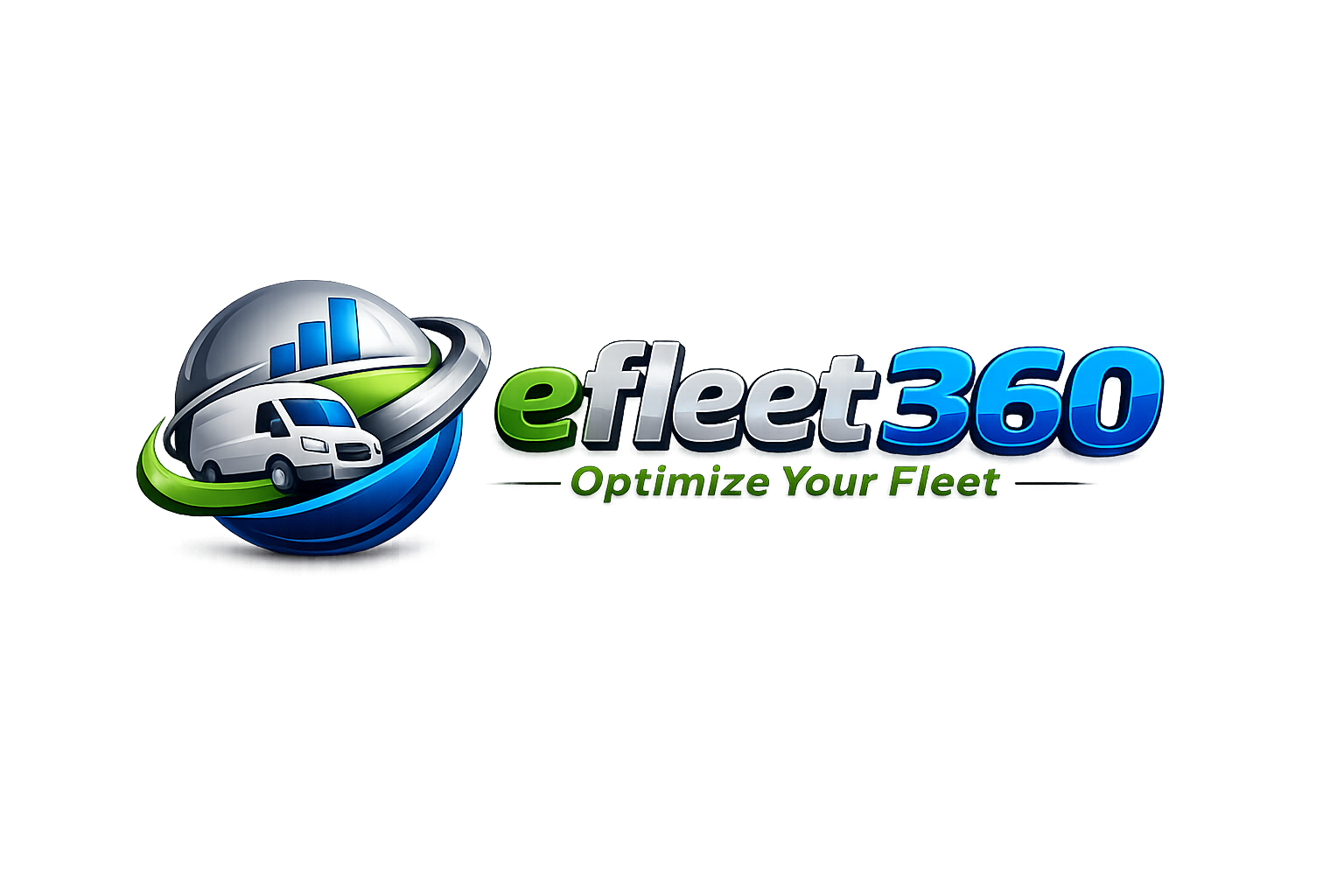 Logo for eFleet 360 with a globe, a car, and a bar chart, with the tagline 'Optimize Your Fleet'.