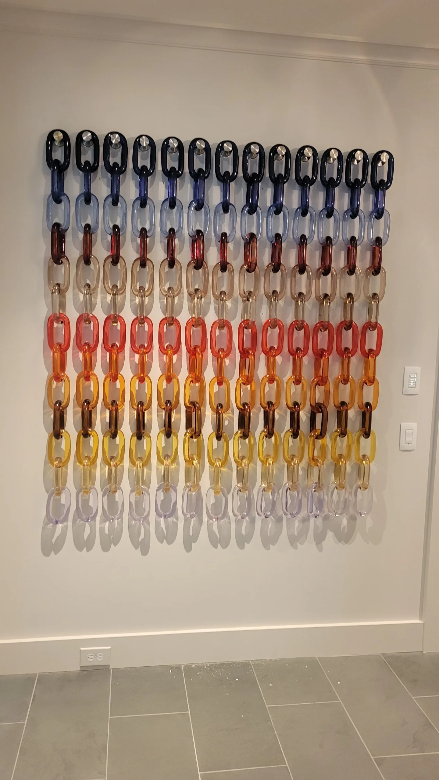 13 across (78”), x 13 down (58.5”), 169 links. Ombre.  Navy, Dark Jean Blue, Lt. Blue, Chocolate, Dark Khaki, Lt. Khaki, Red, Dark Orange, Lt Orange, Sienna Brown, Golden Yellow, Lt. Yellow, Clear