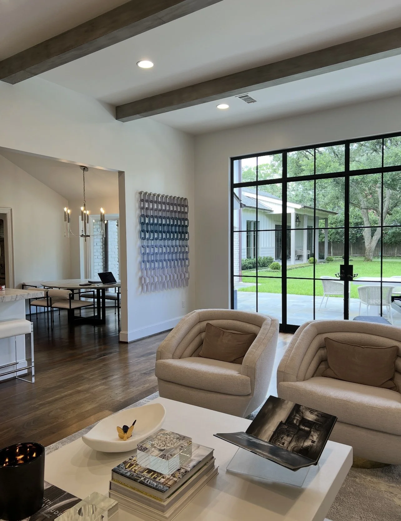 12 across (48”) x 13 down (58.5”), 156 links.  Ombre.  Med. Matte Grey, Matte Stone Blue, Lt. Blue, Matte Lt. Blue, Matte White