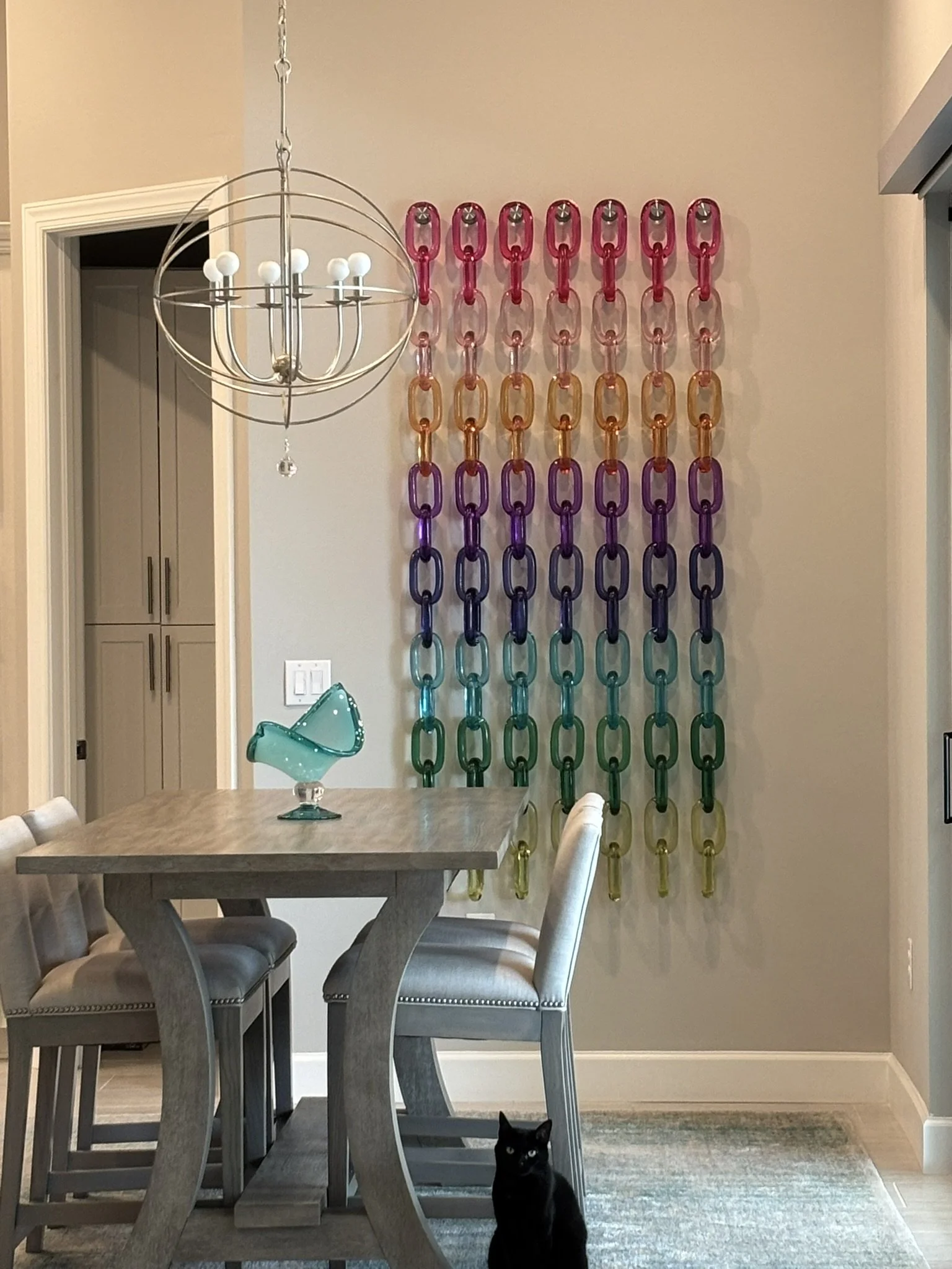 7 across (42”), x 16 down (72”), 112 links. Ombre.  Dark Pink, Lt. Pink, Lt. Orange, Dark Purple, Dark Jean Blue, Dark Turquoise, Emerald, Celery