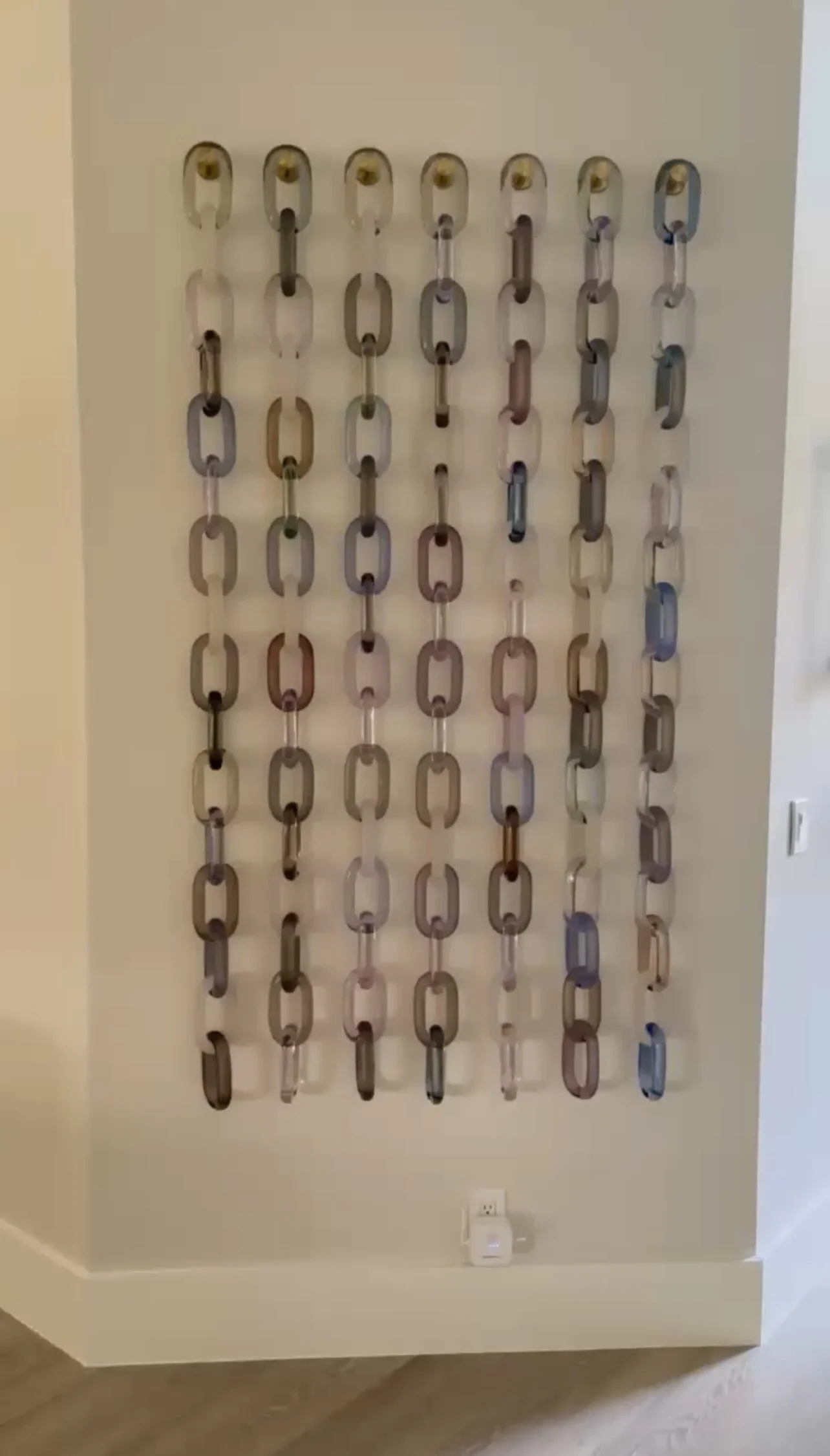 7 across (49”) x 16 down (72”), 112 links.  Lt. Grey, Matte Lt. Grey, Med. Grey, Matte Med Grey, Dark Grey, Matte Dark Grey, Matte Lt Blue, Matte White, Clear, 1 Matte Chocolate, 1 Lt. Turquoise, 1 Lt. Chocolate, 1 Stone Blue