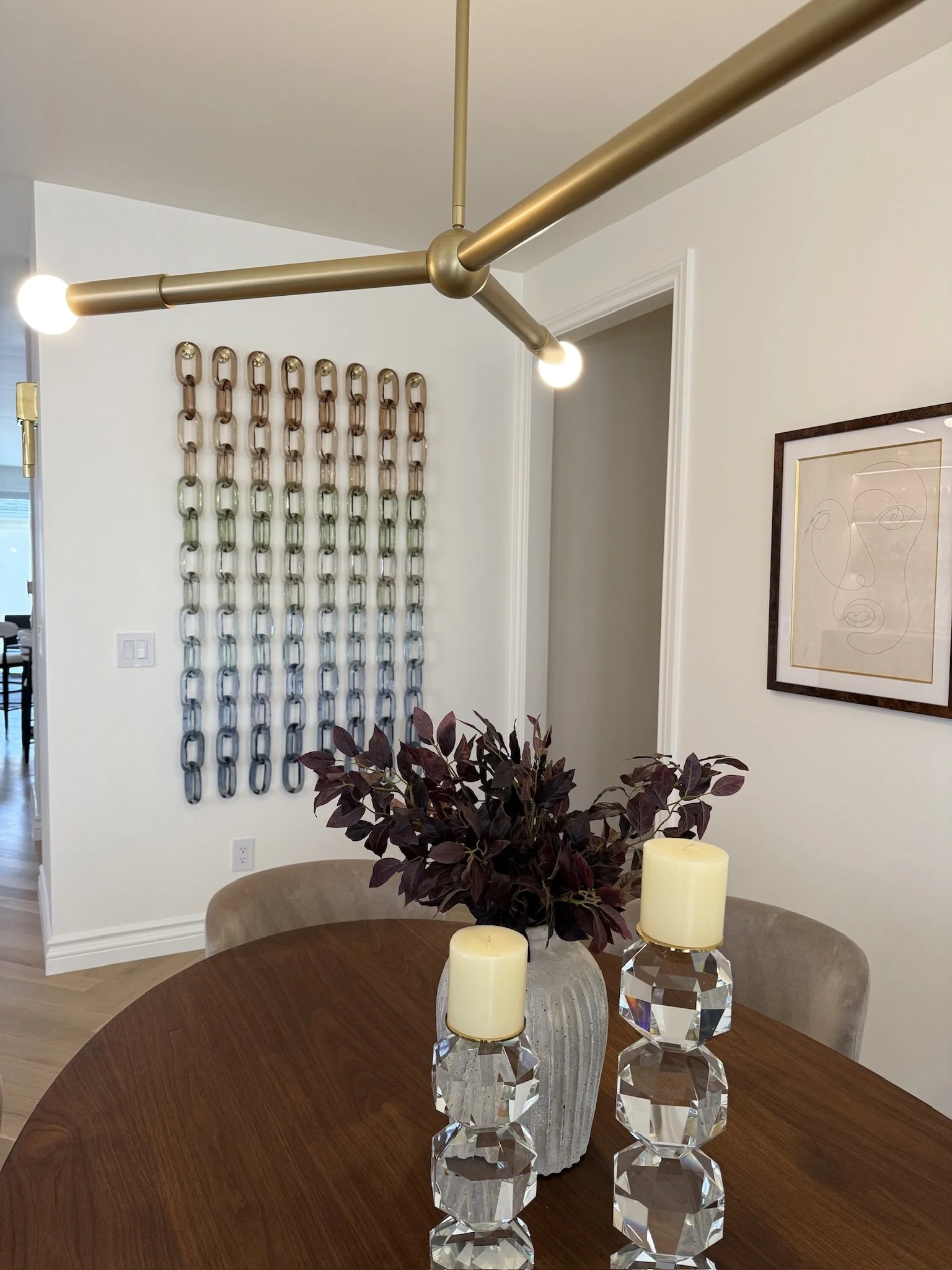 8 across (48”) x 14 down (63”), 112 links.  Ombre.  Dark Khaki, Lt. Khaki, Lt. Forrest Green, Lt. Sage, Lt. Turquoise, Lt. Blue, Stone Blue