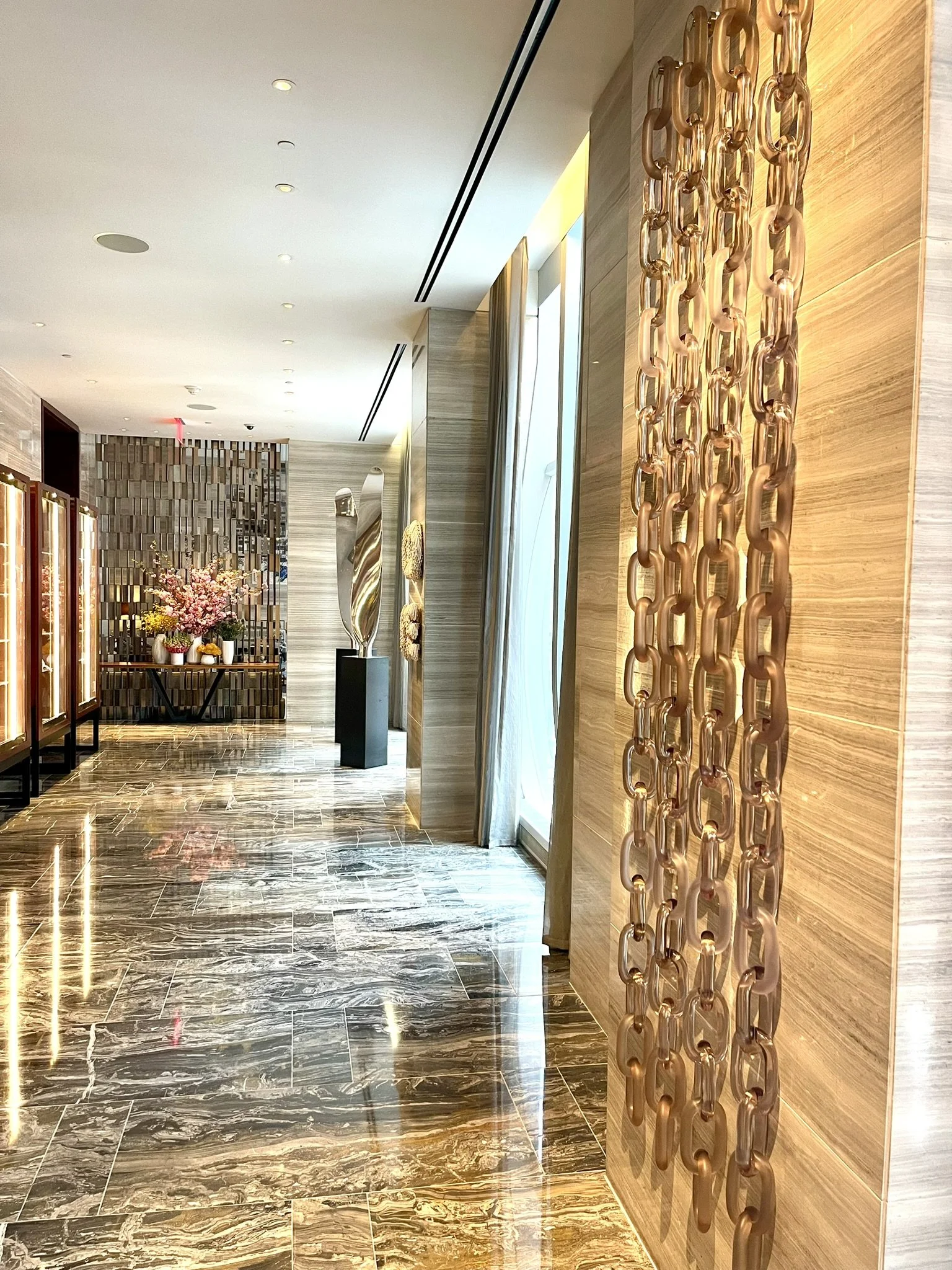 4 across (32”) x 22 down (99”), 88 links. Ombre. Matte Tan, Matte Lt. Tan, Light Light Tan, Oyster, Creamy White, Matte White