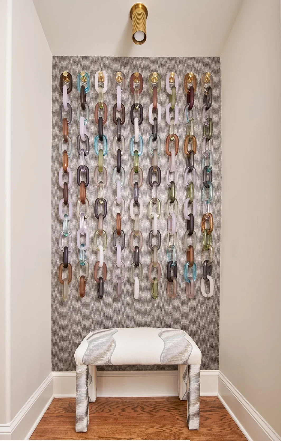 9 across (54”) x 14 down (63”), 126 links. Matte White, Lt. Turquoise, Clear, Matte Black, Med. Grey, Lt. Sage, Lt. Forrest Green, Matte Taupe, Matte Lt. Grey Silver, Matte Sienna Brown, Sienna Brown, Matte Chocolate Brown