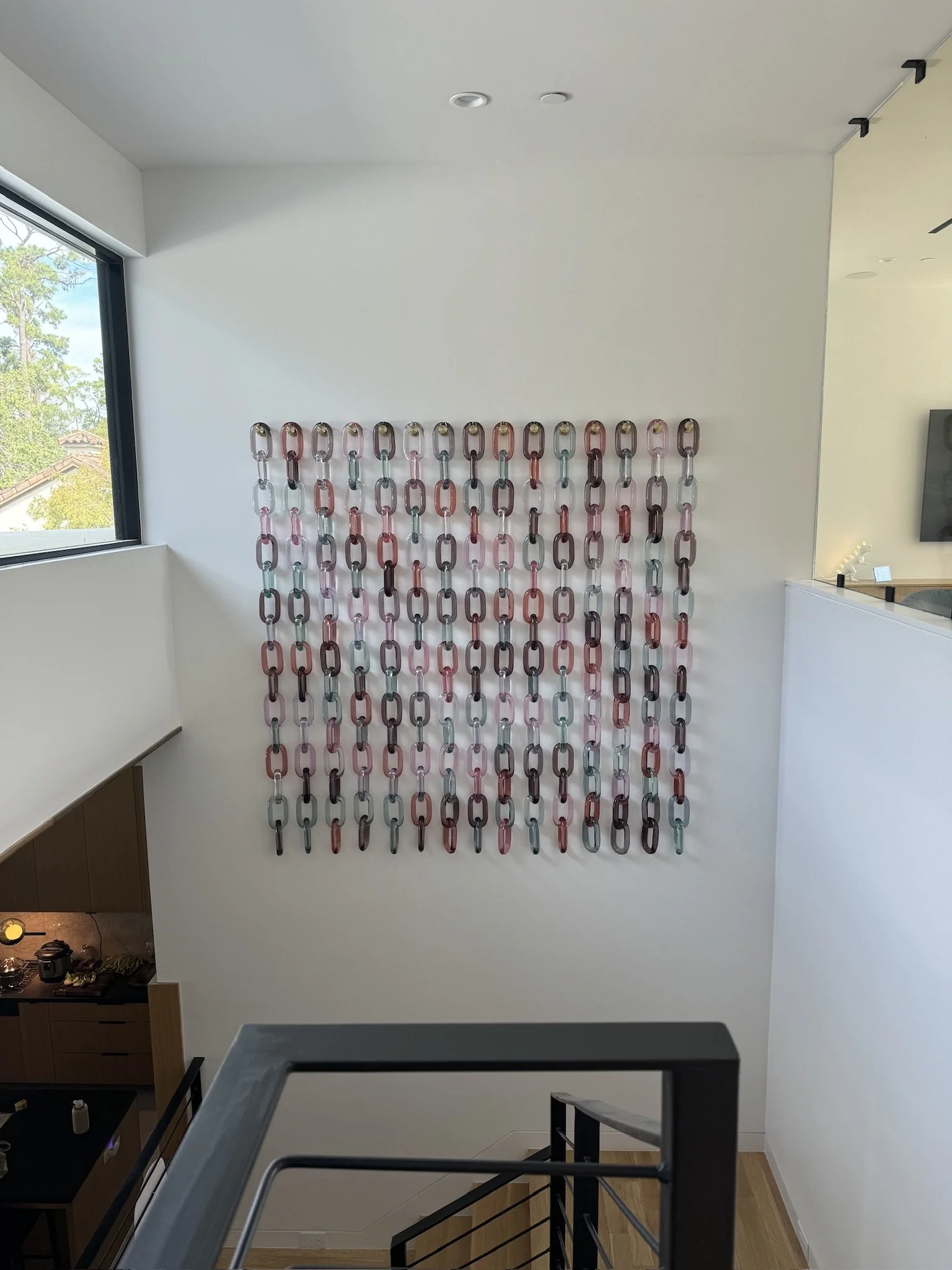 15 across (90”) x 16 down (72”), 240 links.  Lt. Grey, Med. Grey, Dark Grey, Lt. Pink, Rose Pink, Pale Powder Pink, Clear, Lt. Sage, Lt. Forrest Green