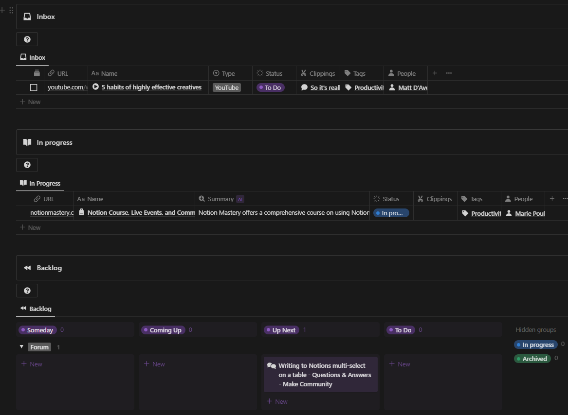 Screenshot of Notion Knowledge Management Kit Clippings Dashboard