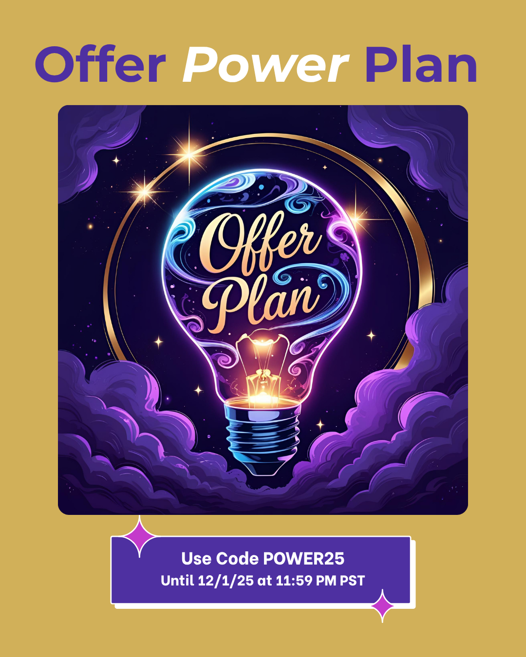 A promotional image featuring a glowing light bulb with swirling colorful patterns inside, the words "Offer Plan" inside the bulb, surrounded by purple clouds and stars, with a gold background and a purple banner at the bottom containing a discount code and expiration date.