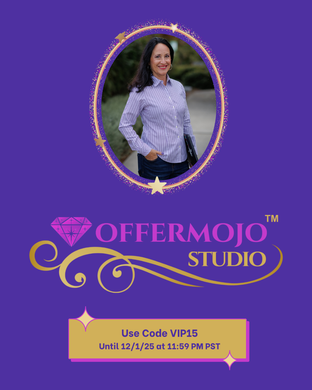 A woman with dark hair, wearing a purple and white striped shirt, standing outdoors, smiling with her right hand in her pocket, holding a tablet in her left hand. The background features greenery.