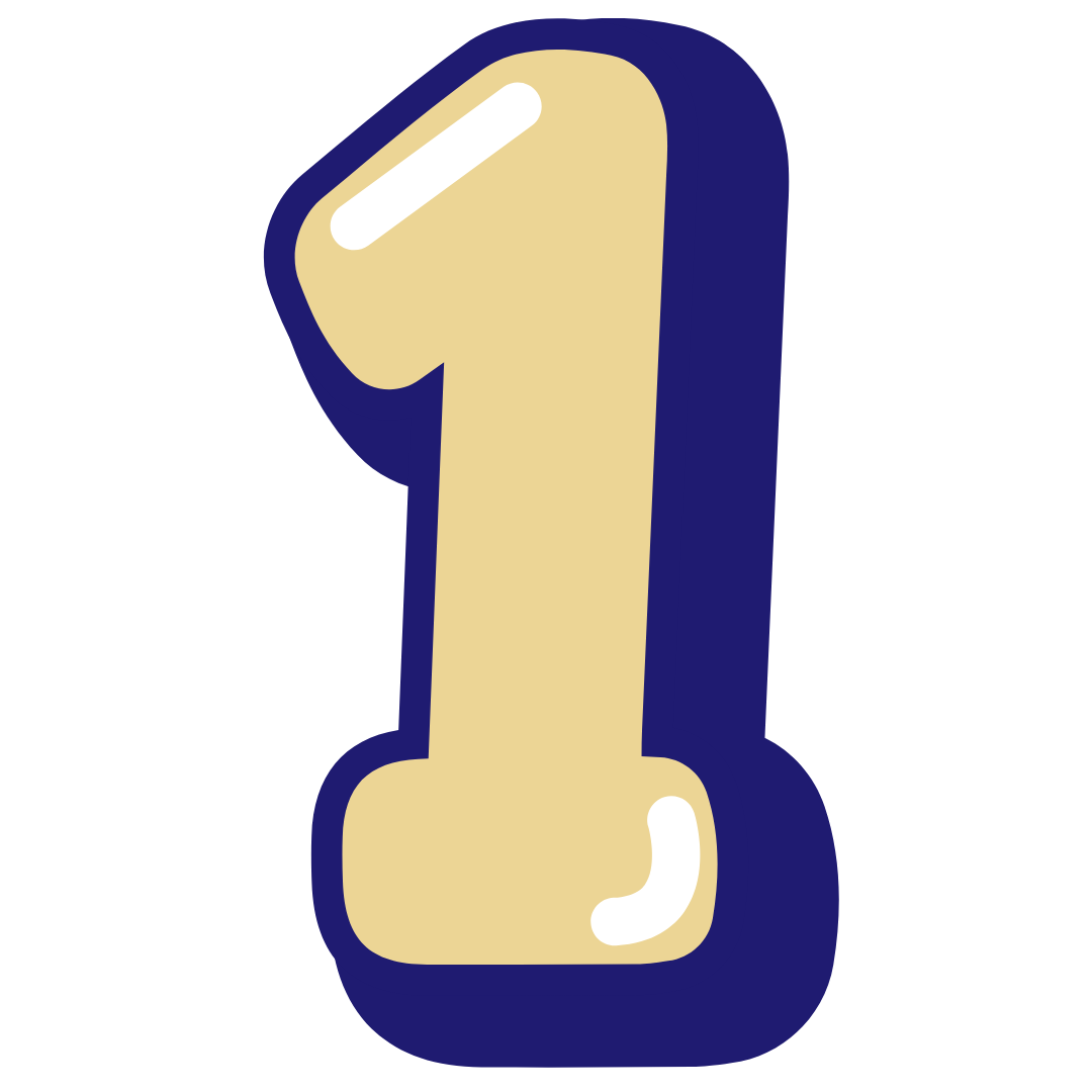 Digital illustration of the number one in beige with navy blue outline and highlights.