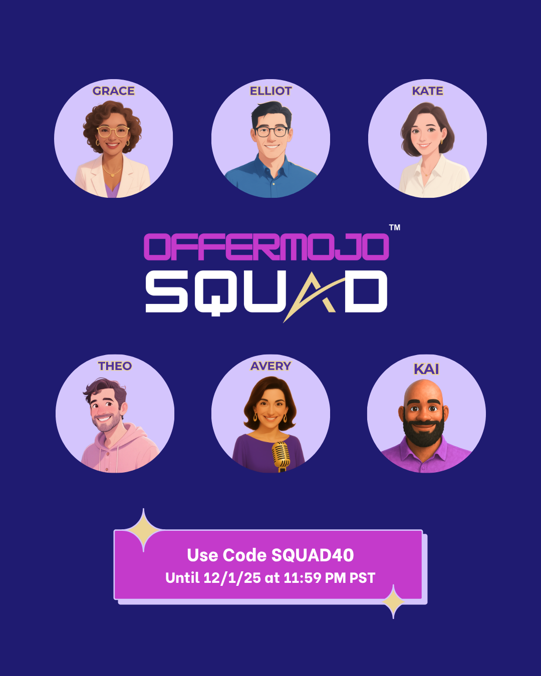 Digital graphic featuring six animated team members named Grace, Elliot, Kate, Theo, Avery, and Kai above the text "OFFERMOJO SQUAD." A purple banner at the bottom promotes a discount code 'SQUAD40' valid until December 1st, 2025 at 11:59 PM PST.