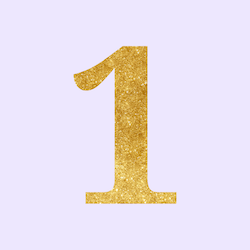 A gold glittery number one on a white background.