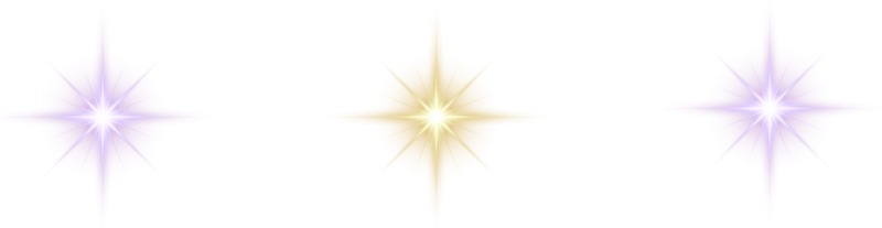 Three colorful colored star-like shapes connected in a horizontal line with glowing centers, purple on the left and right, yellow in the middle, against a transparent background.