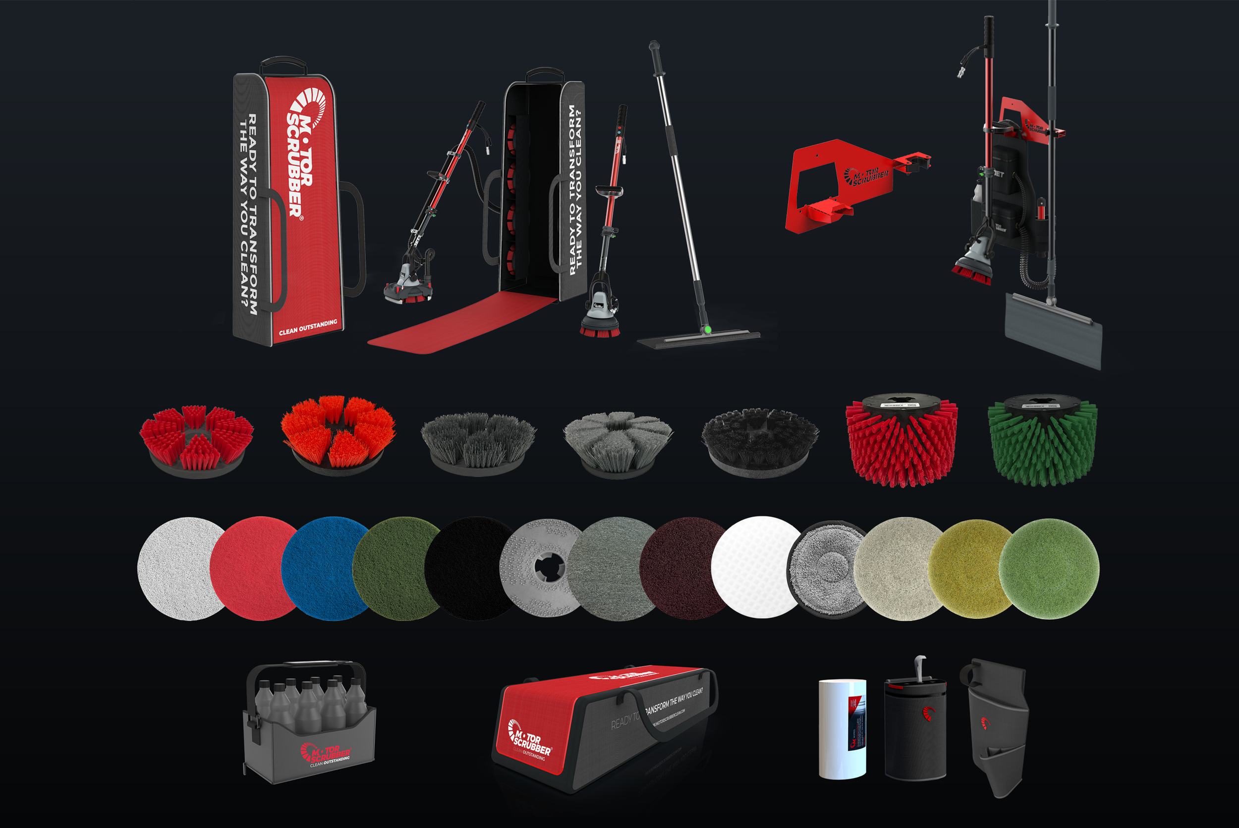 MotorScrubber M3 complete accessory kit showing the M3 scrubber machine, telescopic handle, battery backpack, storage and charging accessories, suction attachment, a range of specialist cleaning brushes, cylindrical brush heads, floor pads and polish