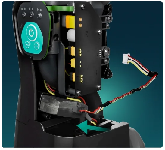 Close-up of the DRYFT cleaning machine's internal electronics showing the DRYFT Connect wiring connection.