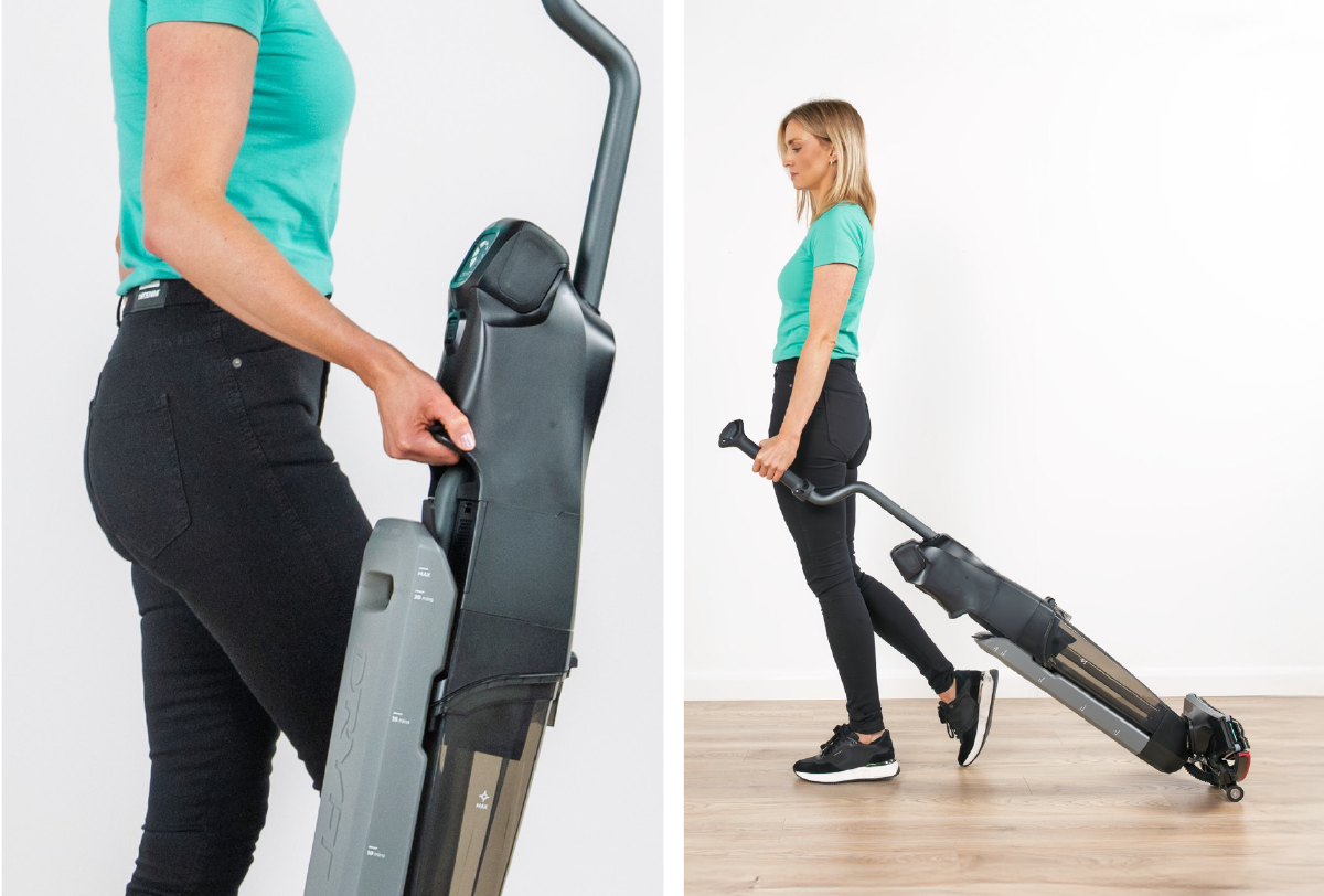 Two-panel image showing DRYFT transport: left shows the carry handle for lifting with a straight back (no bending), right shows DRYFT in transport mode rolling on wheels for effortless movement between areas and faster multi-site cleaning.