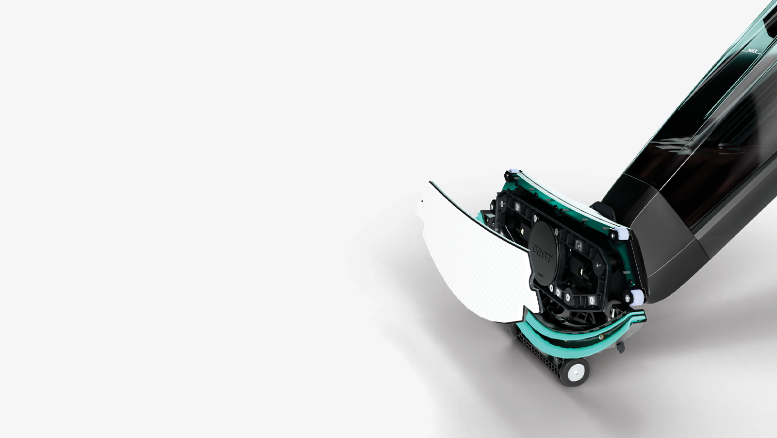 DRYFT Melamine Deep Cleaning Pad fitted to a DRYFT floor cleaning machine, designed to remove stubborn scuffs, shoe marks and ingrained dirt using just water.