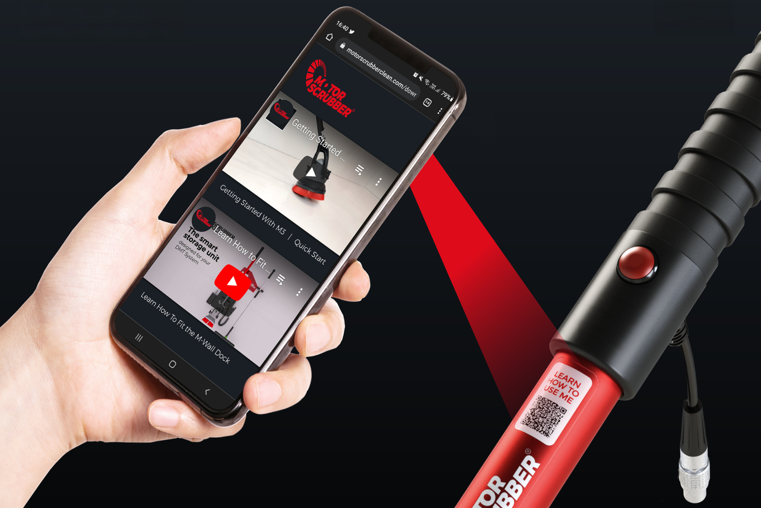 Smartphone scanning a QR code on the MotorScrubber M3 handle to access online setup guides, training videos and product support resources.