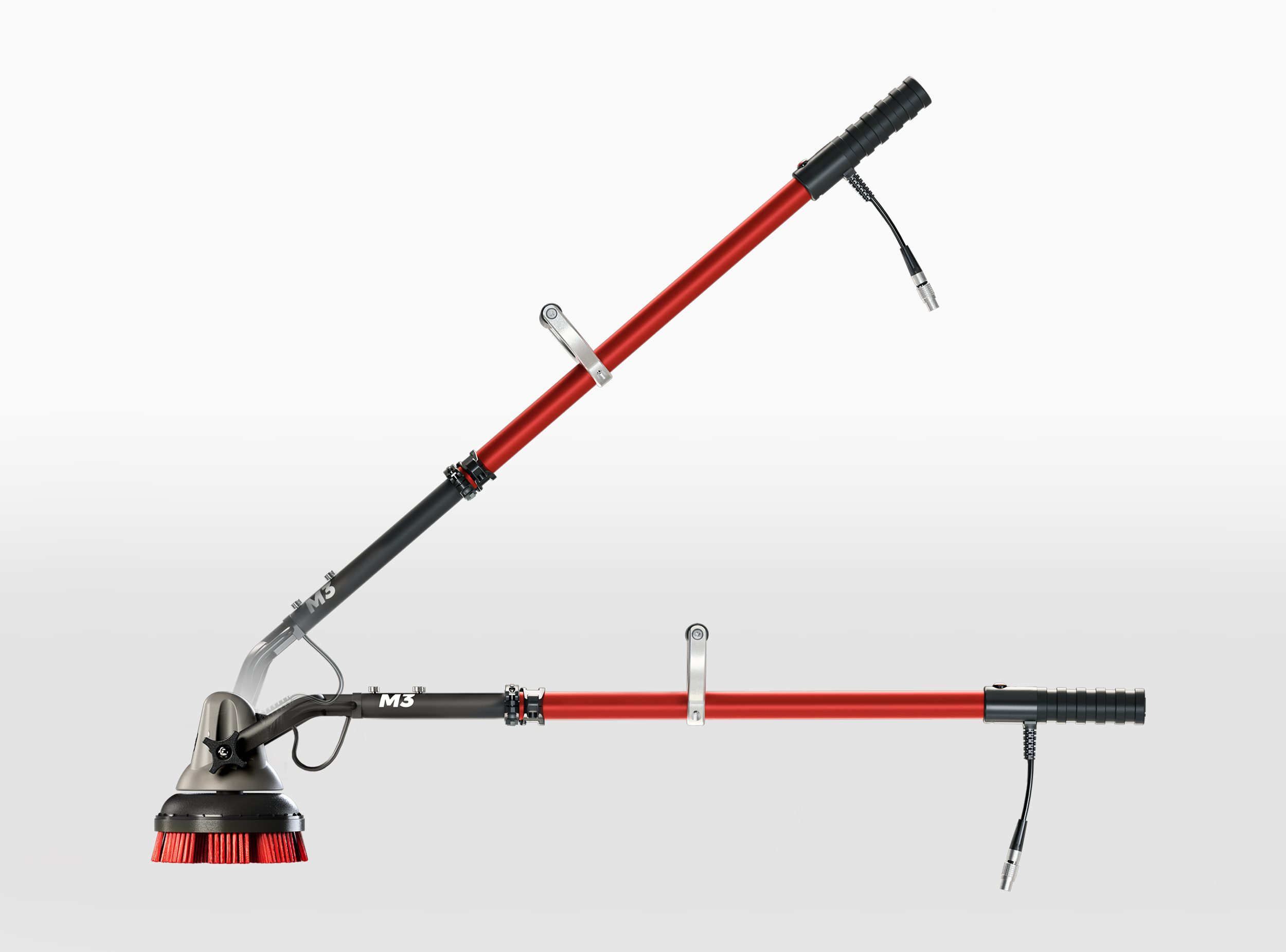 MotorScrubber M3 with telescopic handle shown extended and collapsed (side view).