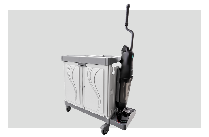 DRYFT floor cleaner mounted to a janitorial cart with a universal cleaning trolley bracket replacing the traditional mop bucket workflow.