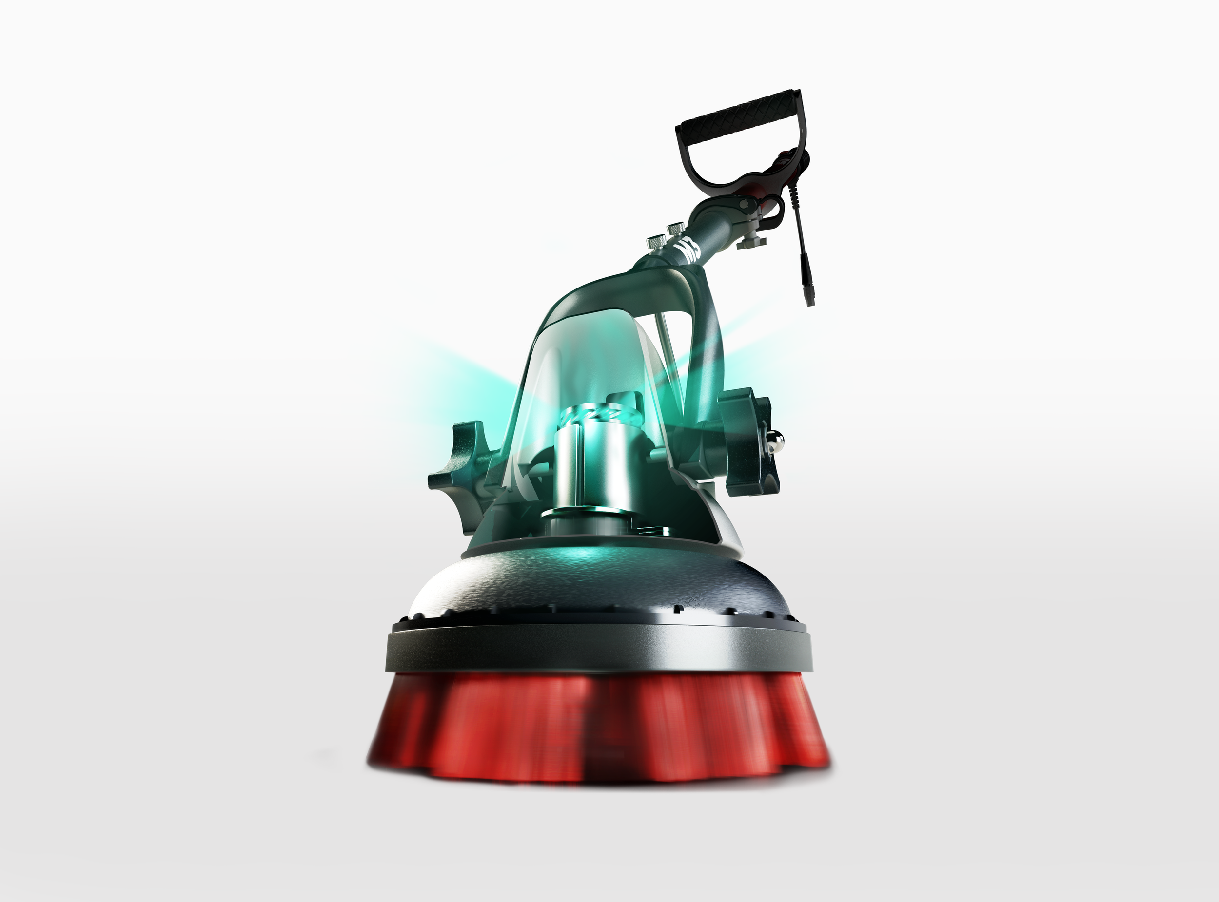 Close-up render of the MotorScrubber M3 scrubbing head showing the motor housing and brush.