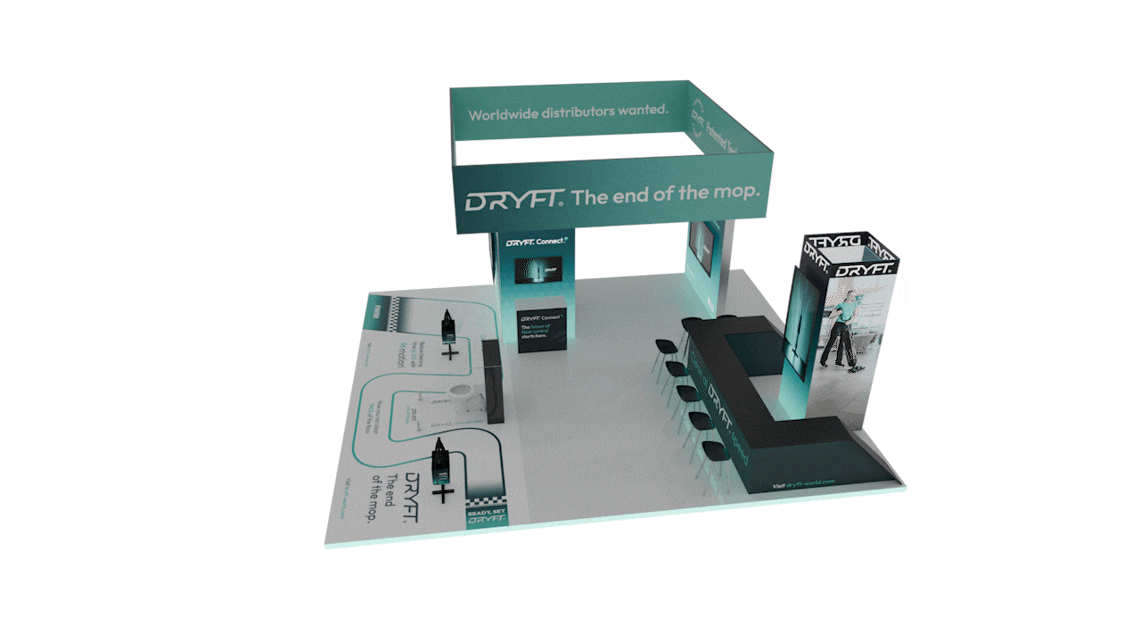 Moving 3D render of the DRYFT World exhibition stand design for Interclean Amsterdam 2026, Hall 1 Stand 01.511.