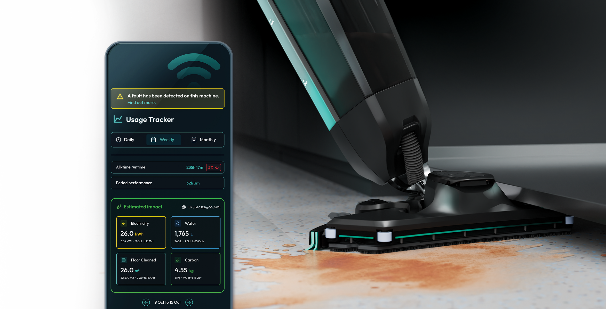 DRYFT scrubber dryer cleaning a floor beside a mobile dashboard displaying a machine fault alert.