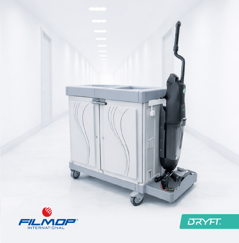 DRYFT floor cleaner mounted on a Filmop cleaning trolley using a universal cleaning trolley bracket for commercial cleaning trolley integration.