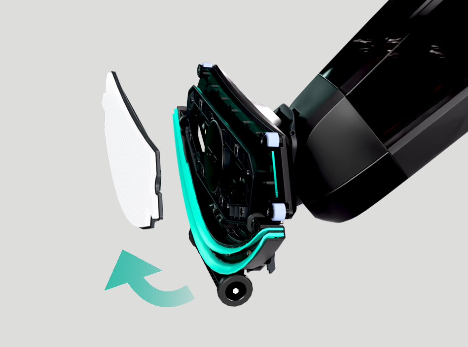 Close-up of the DRYFT cleaning head in the transport position, showing the MAGPlate and white Melamine Cleaning Pad being removed from the machine.