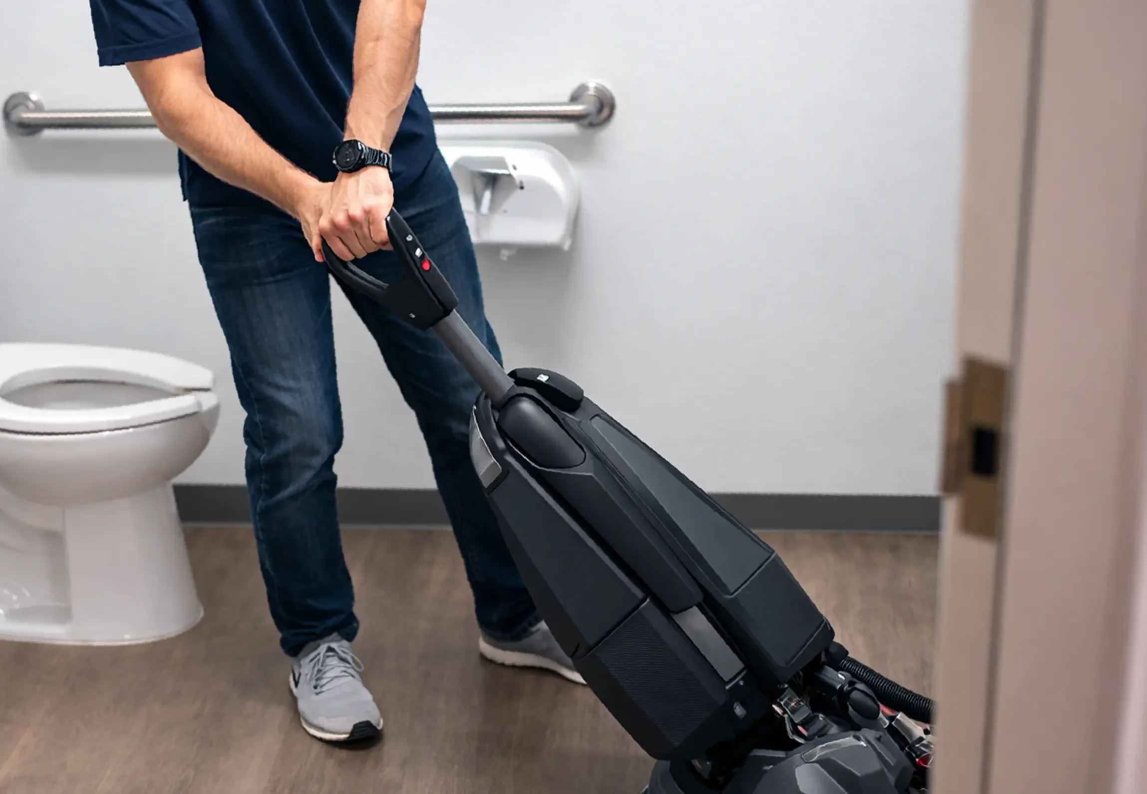 Cleaner using a T-handle scrubber dryer in a tight bathroom space, turning the machine in a confined area.