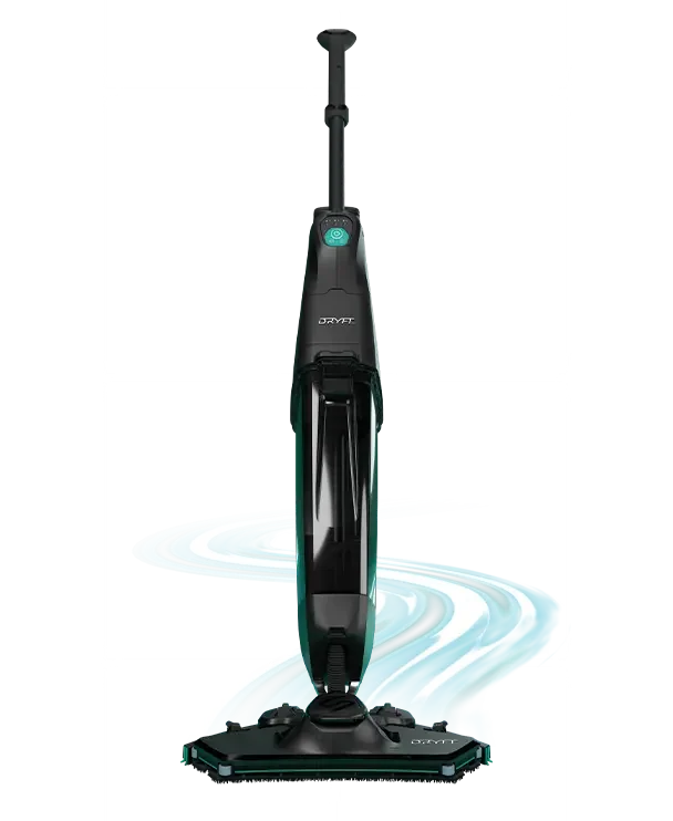 DRYFT lightweight S-Motion scrubber dryer shown as the focal point of a weight comparison graphic, highlighting over 50% weight reduction for easier handling, less strain, and faster movement between cleaning areas.