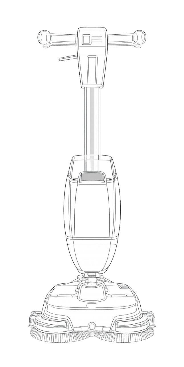 Outlined Taski scrubber dryer shown for comparison to DRYFT, illustrating a larger, heavier machine that can add strain when moving between sites, floors, and facilities.