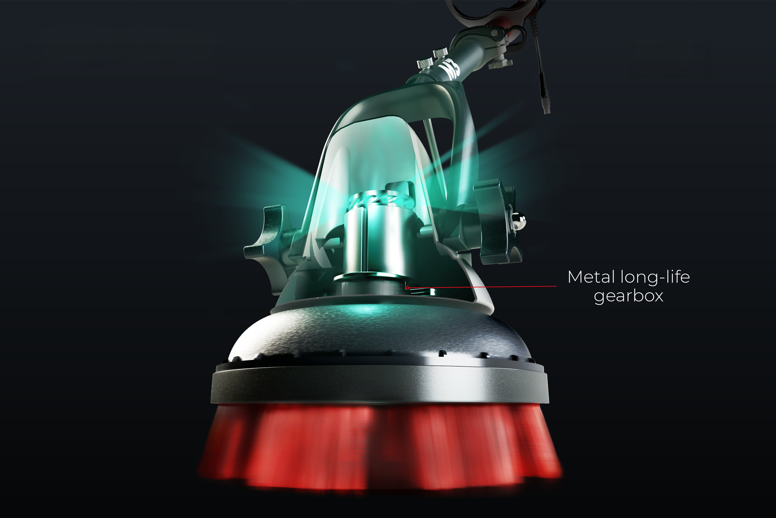 Close-up of the MotorScrubber M3 scrubber head showing the high-performance M10 motor and metal long-life gearbox, engineered to reduce motor speed from 10,000 rpm to an optimal 360 rpm for powerful, controlled cleaning.