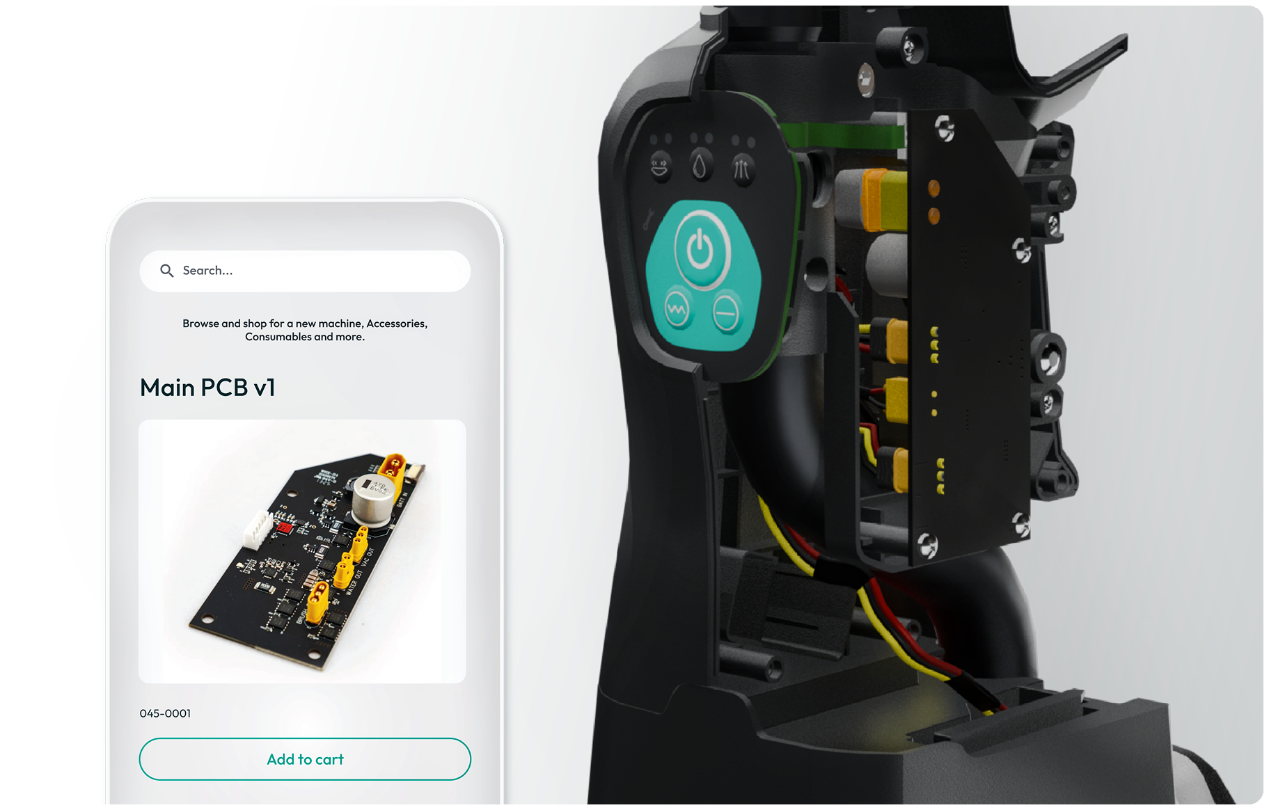 DRYFT online shop showing a replacement circuit board beside the machine's internal components.