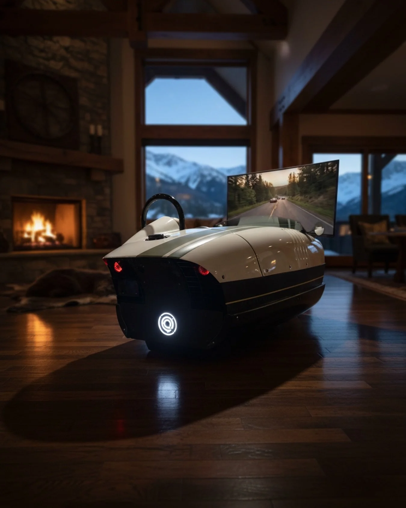 Chasing mountain peaks by a fireside retreat? Say less. #simracing #luxuryretreat #tech