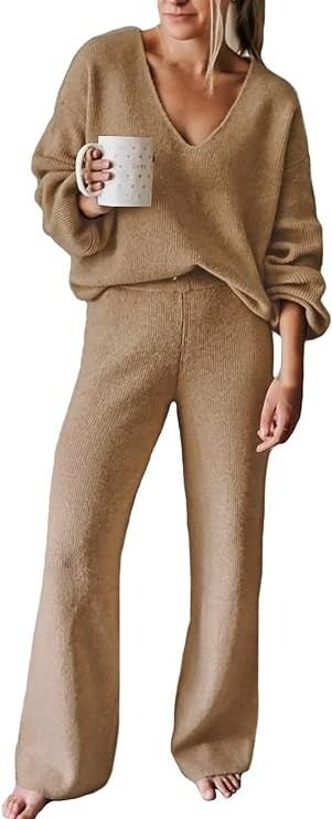 Amazon_com_ VamJump Women's Two Piece Knit Outfits Lounge Sets Long Sleeve V Neck Sweater Wide Leg Pants Sweatsuit Sets, Apricot XL _ Clothing, Shoes & Jewelry.jpeg