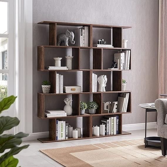 Cozy Castle Bookshelf Set of 2, S-Shaped Modern Bookcase Room Divider, Geometric Wood Book Shelf, 62_ Tall Bookcase with 5-Tier Display Shelf, Rustic Brown.jpeg